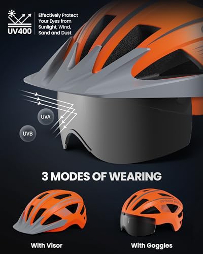 OutdoorMaster Adult Bike Helmet - Bicycle Helmet with Rechargeable Rear LED Light, Detachable Magnetic Goggles, Removable ...