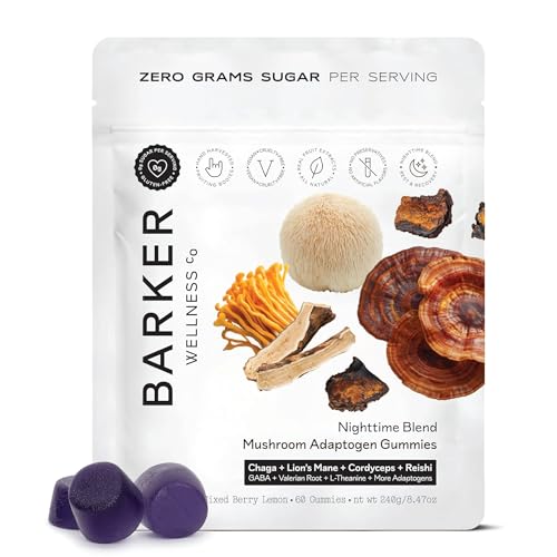 Barker Wellness Nighttime Vegan Sugar-Free Adaptogen Mushroom Gummies – Reishi, Lion's Mane, Chaga, Cordyceps for Calm, Re...