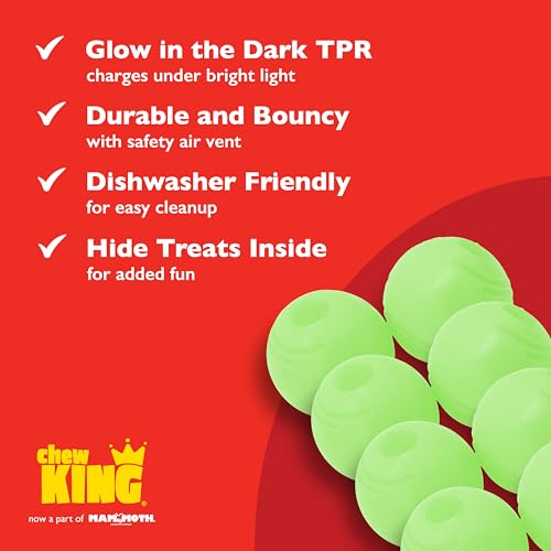 Chew King by Mammoth Glow-in-the-Dark Dog Fetch Balls (8-Pack), Lattice Rubber Balls for Night Play, High Bounce Fetch Toy...