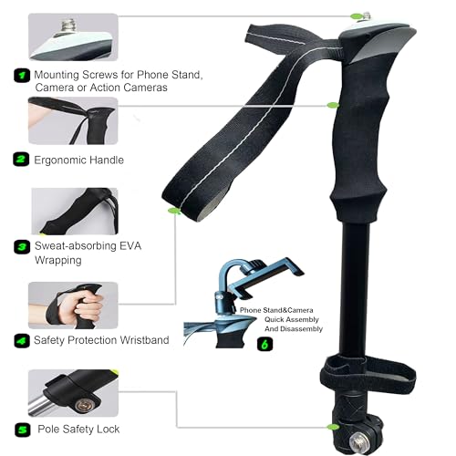 QIYUANCHUANG Collapsible/Foldable Camera & Phone Mount Ready Trekking Poles - Ultra-Portable for Travel & Hiking, Lightwei...