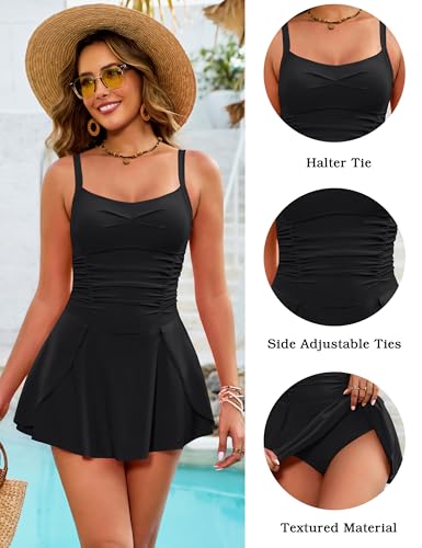 BMJL Womens Black One Piece Swimsuit with Skirt Tummy Control Bathing Suit Swim Dress Swimwear