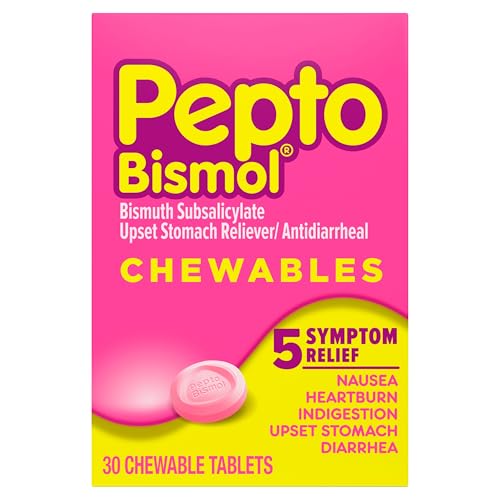 Pepto Bismol Chewable Tablets, Upset Stomach Relief, Nausea Relief, Heartburn Relief, Indigestion Relief, Anti Diarrhea Medication for Adults - 5 Symptom Relief, 90 Chewable Tablets (3x30 ct)
