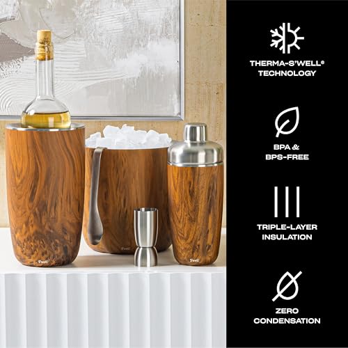S’well Stainless Steel Ice Bucket with Tongs, 68oz Capacity, Teakwood Finish, Triple-Layer Vacuum Insulated to Keep Ice Co...