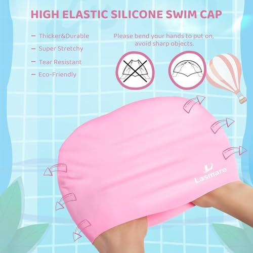 Kids Long Hair Swim Cap for Girls Boys, 3 Size Silicone Swimming Cap for Age 1-15 Toddler Children Teens, Waterproof Swim ...