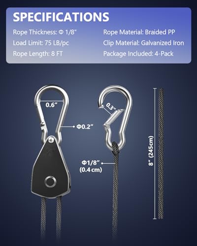 VIPARSPECTRA Retractable Heavy Duty Ratchet Tie Down Straps [4 Pack, 8ft, 75lbs/Pack], Rope Pulley System Rollers with Car...