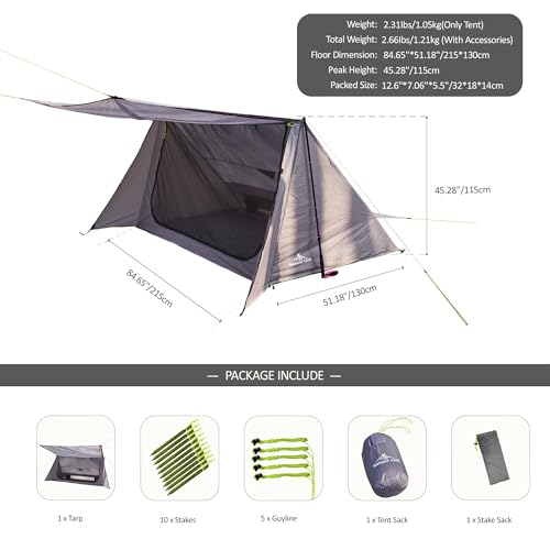 Nature Link Sirius Two Ultralight Backpacking Tent, 2 Person Trekking Pole, Waterproof, Compact, Single Wall, Bushcraft Sh...