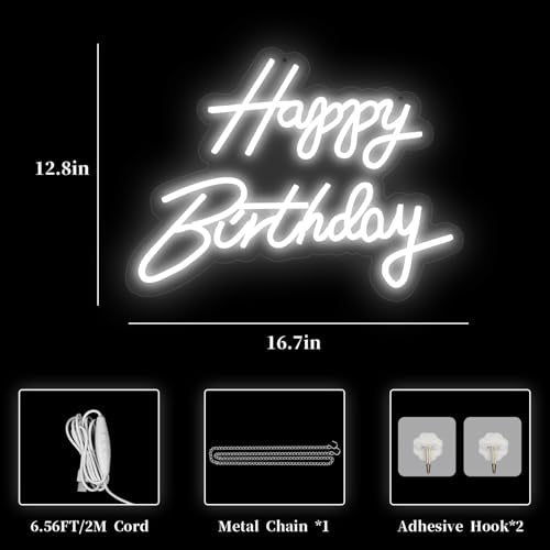Happy Birthday Neon Sign - 16.5x9.8 Inch White Birthday Neon Light for Wall Decor, USB Powered Dimmable Party Decorations ...