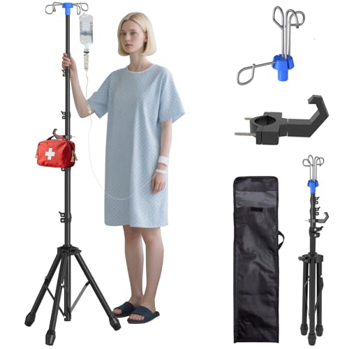 Foldable IV Pole Stand, Portable Telescoping Floor Stand with 4 Hooks, Height Adjustable, Travel Infusion Pole for Home Ca...