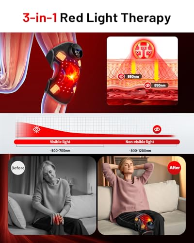 Upgraded PRO Red Light Therapy Knee Brace & 4 Vibration Massage - Rechargeable Controller, 660nm&850nm Red Light Therapy H...