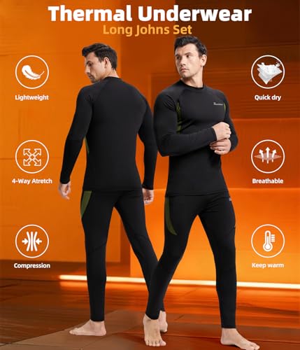romision 2 Pack Thermal Underwear for Men Long Johns Fleece Lined Hunting Gear Bottom Top Set Base Layer Cold Weather XS-4XL