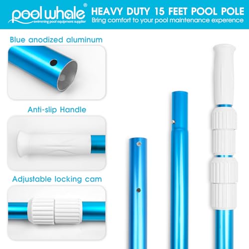 POOLWHALE Premium 15 Foot Telescopic Swimming Pool Pole, Adjustable 3 Piece Extendable Pool Cleaning Pole, Blue Anodized A...