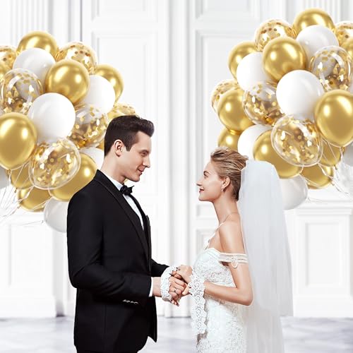 60pcs Gold and White Balloons 12inch, White and Gold Balloons with Metallic Gold Confetti Balloons for Graduation Wedding ...