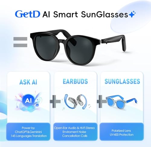 GetD 2026 New AI Glasses for Men & Women, Smart Sunglasses Powered by ChatGPT with 145-Language Translation, Bluetooth 5.4...
