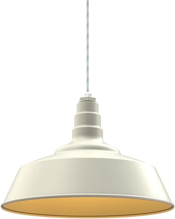 Steel Lighting Co. Manhattan Warehouse Light | Ceiling Mounted Pendant | 20 inch Dome | 4' White Cord | Large Steel Barn Light Made in America | Cream Exterior/Brass Interior