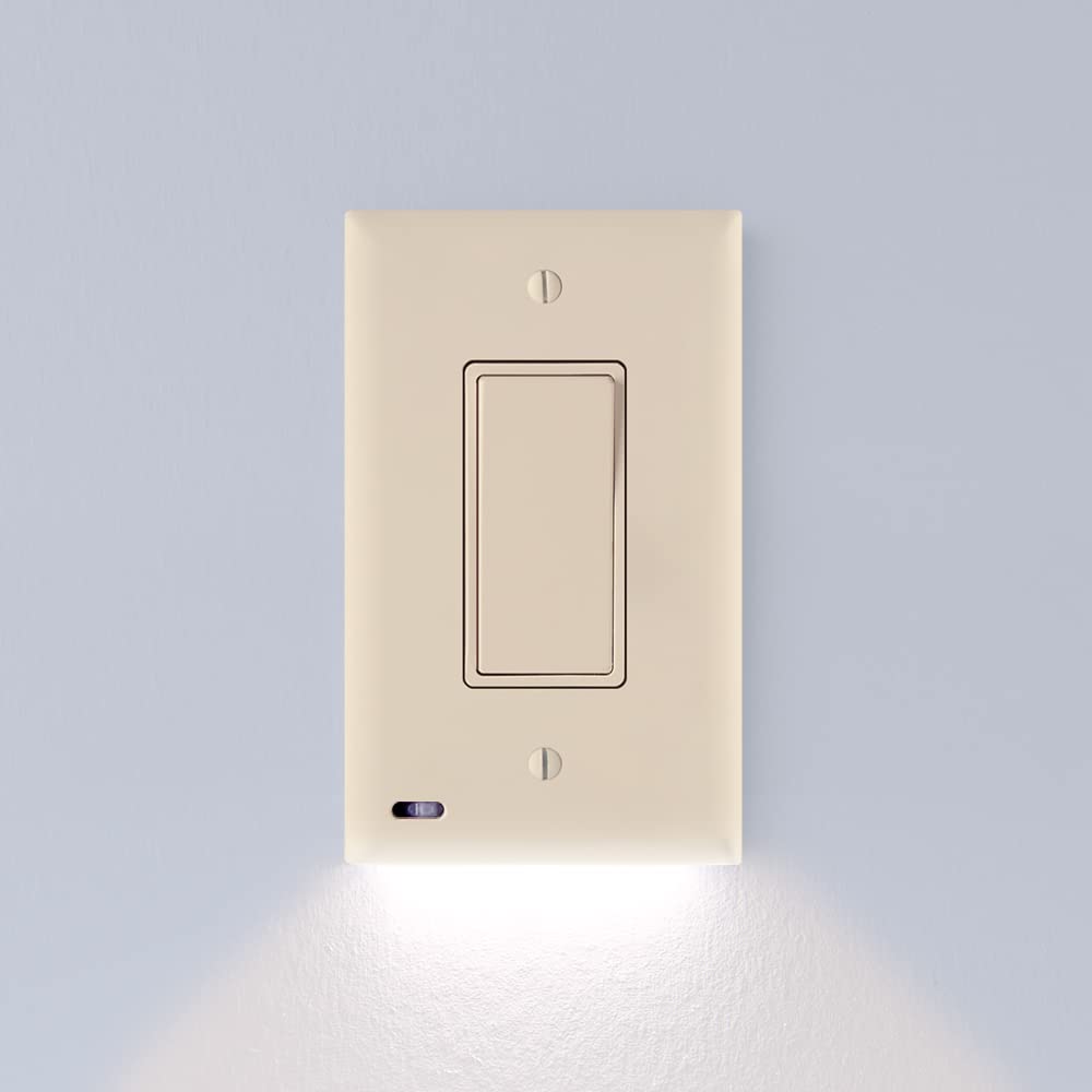 SnapPower LED Night Light Switch Plate, Auto On/Off Sensor, Adjustable Brightness, Rocker (3 Pack), Light Almond