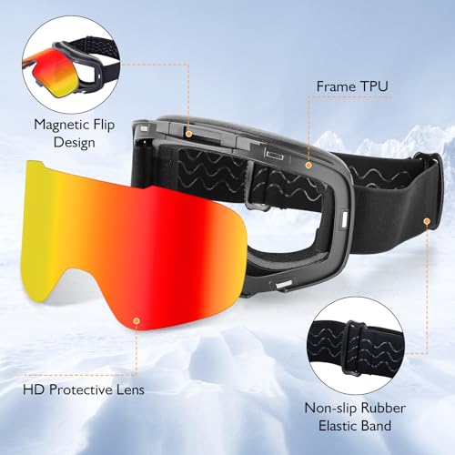 Beautiq Unisex Ski Goggles with Magnetic Flip Cover, OTG Compatible Snowboard Goggles for Winter- Anti-Fog & U V Protection