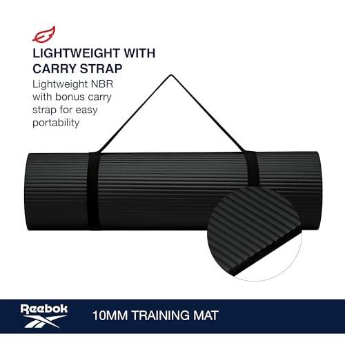 Reebok Pro 10mm Extra-Thick Yoga Mat, 72" x 24" with Easy Carry Strap, Large Non-Slip Exercise Mat with Ridged Base for Ho...