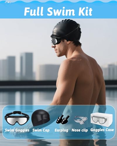 Hurdilen Swim Goggles, Anti Fog Anti UV, Wide View and No Leaking Swimming Goggles & Swim Cap for Men Women Adult Youth