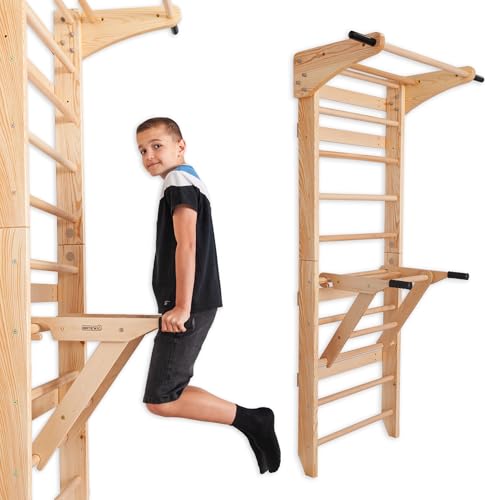 Swedish Ladder Wall Bars with Pull-Up Bar & Dip Station – Wooden Stall Bars, Multifunctional Home Gym Wall Ladder for Stre...