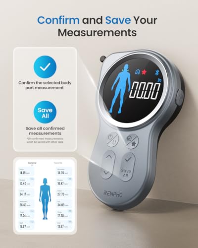 RENPHO Smart Tape Measure with Large Display, Bluetooth Body Measuring Tape with App for Weight Loss, Fitness Shape, Measu...