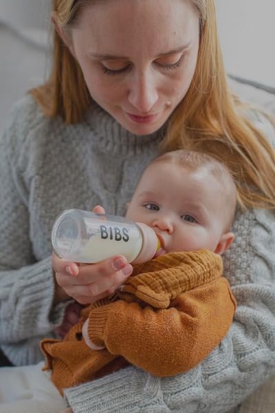 BIBS Baby Glass Bottle Complete Set 225 ml | BPA Free Natural Rubber | Made in Denmark | Blush