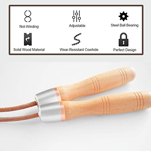Ahomie Leather Jump Rope, Adjustable Skipping Jumping Ropes, with Rotary Bearing and Pure Wood Handles, for Gym & Home Fit...