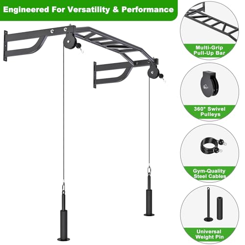 SELEWARE 48'' Heavy Duty Pull Up Bar Wall Mount Multi-function Chin up Bar with Home Gym Cable Pulley System LAT Pulldown ...