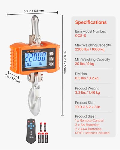 VEVOR Digital Crane Scale, 2200 lbs/1000 kg, Industrial Heavy Duty Hanging Scale with Remote Control, Cast Aluminum Case &...