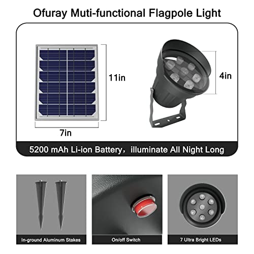 Ofuray Solar Flag Pole Light 3In1 Design, Brightest Flag Pole Light Solar Powered, 2 Brightness American Flag Coverage Led...