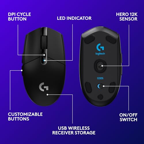 Logitech G305 Lightspeed Wireless Gaming Mouse, Hero 12K Sensor, 12,000 DPI, Lightweight, 6 Programmable Buttons, 250h Bat...