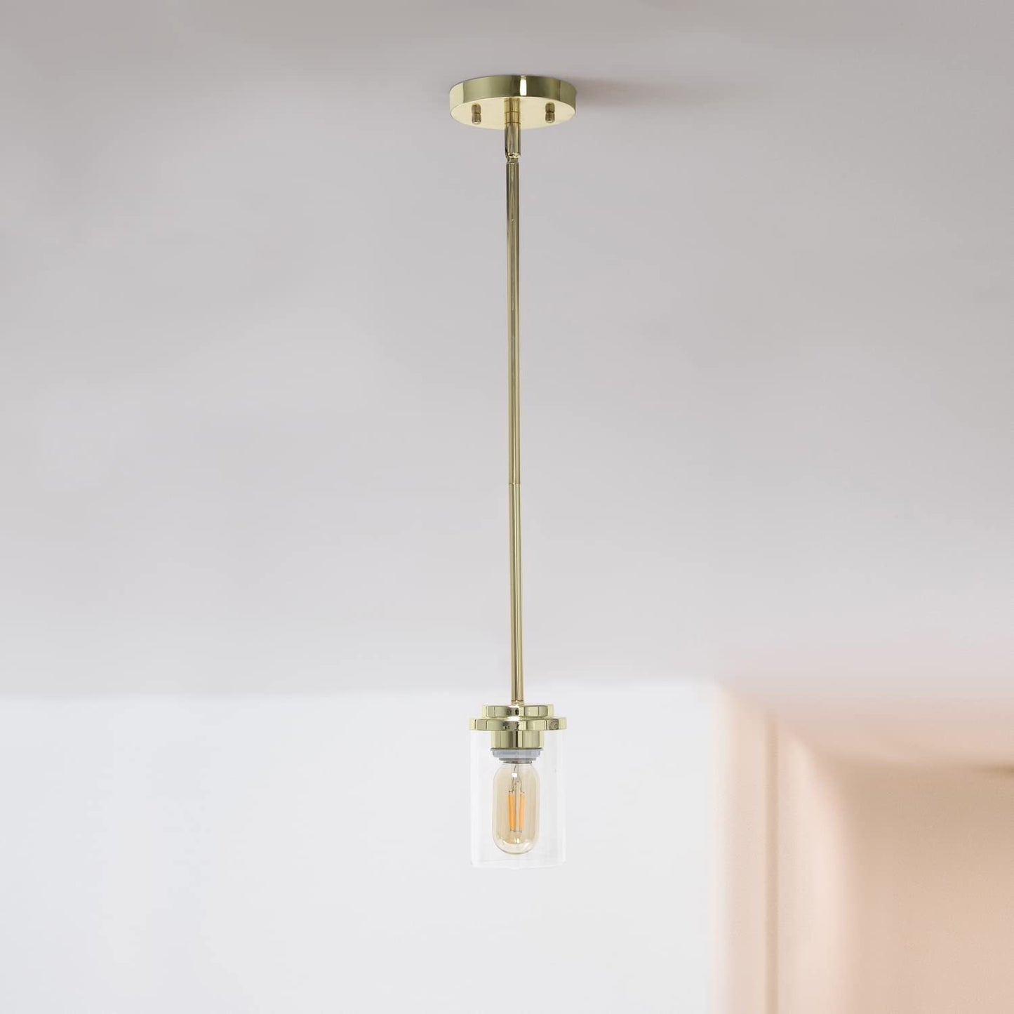 Lalia Home 1-Light Industrial Pendant Fixture, Gold, Clear Cylinder Glass, 4.75x4.75x53, Model 1270-LHP-3011-GL
