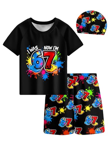 Kids 67 3-Piece Swim Set Rash Guard Quick-Dry Trunks and Cap Birthday Swimwear for Boys 5-12Y