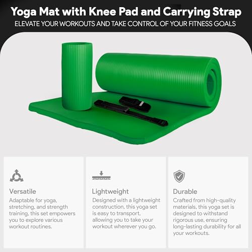 BalanceFrom 71x24 Inches Yoga Mat with Knee Pad and Optional Blocks – Extra 1-Inch Thick Non-Slip Foam with Anti-Tear Surf...