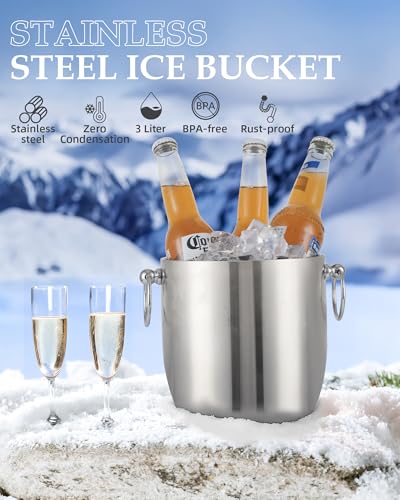 Golden Cudgel Insulated Ice Bucket, 3L Double Wall Stainless Steel Ice Bucket with Tongs,Lid, Scoop and Strainer, Ice Buck...