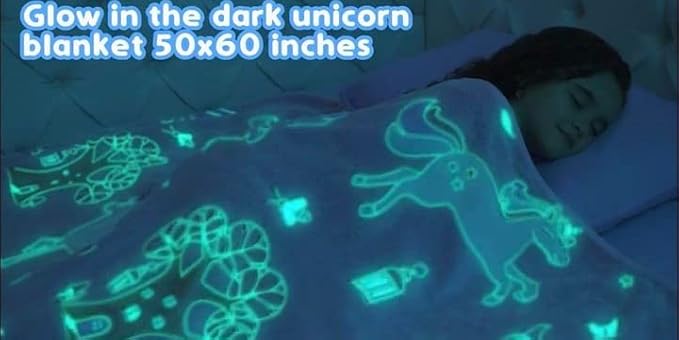 Glow in The Dark Unicorn Blanket for Girls – Soft Pink Fleece Throw. Great Christmas, Birthday, Baby, Toddler Unicorn Gifts for Girls, Fairy, Butterfly, Stars. Bright Long-Last Glow