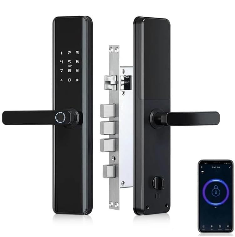 Smart Door Lock with Handle |Touchscreen Keypad & Doorbell | Keyless Entry (Fingerprint, Passcode, Key Access & WiFi Tuya App Control), Alexa, Waterproof, Electronic Deadbolt for Front Doors, Black