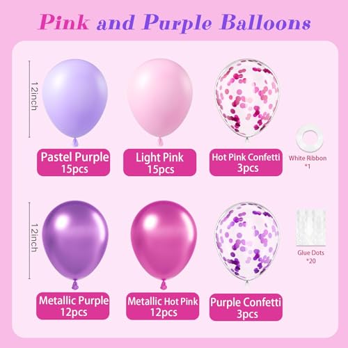61pcs Pink and Purple Balloons, 12 Inch Purple Pink Confetti Balloons, Metallic Balloon with Ribbon for Bridal Baby Shower...