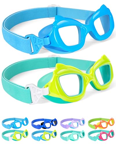 Seago 2 Pack Kids Swim Goggles with Fabric Strap for Kids 3-12, Cat-Shaped Swimming Goggles Anti-Fog UV Protection Leakproof
