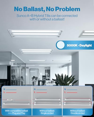 Sunco 50 Pack T8 LED Bulbs 4 Foot, 48 Inch Tube Light Bulbs Fluorescent Replacement, Single or Double Ended Hybrid Type A+...