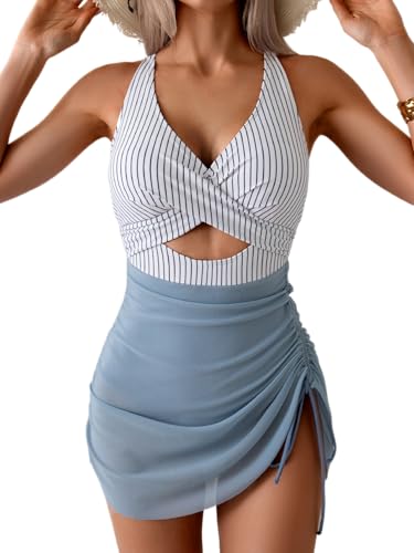 B2prity Women Mesh One Piece Swimdress Swimsuit Tummy Control V Neck Cutout Bathing Suit Wrap Drawstring Sarong Swimwear