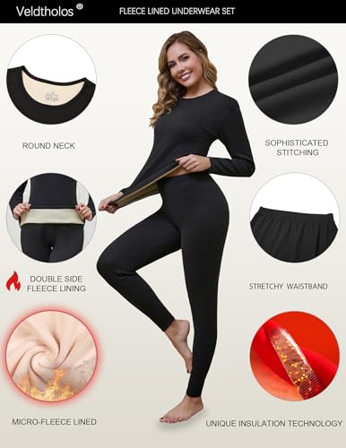 Veldtholos 2 Set Thermal Underwear Set for Women Long Johns with Fleece Lined Base Layer Women Cold Weather Top Bottom