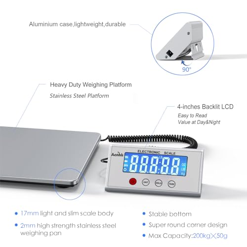 ACNHLI Digital Shipping Scales 440 pounds, Stainless Steel Heavy Duty Postal Scale for Warehouses, Homes, Offices, and Cou...