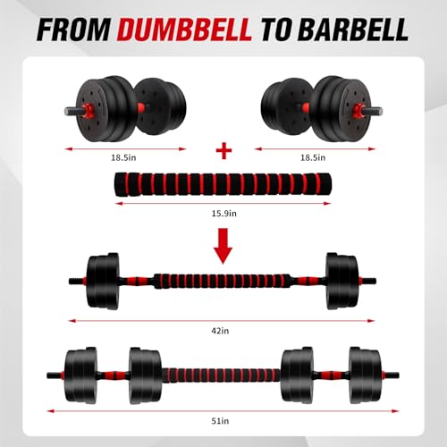 Adjustable Dumbbell Set, 40lbs Free Weights with Connector, Convertible Dumbbell Barbell Push-up Stand Set, 3 in 1 Home Gy...