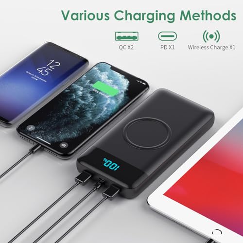 Wireless Portable Charger 30,800mAh,15W Wireless Charging USB C Power Bank,25W PD QC 4.0 Fast Charging 4 Outputs Travel Es...