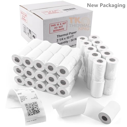 TK Thermal King, (50 Rolls) 2 1/4" 50' feet White Paper Cash Register POS Receipt, Fits All Credit Card Terminal Great For...