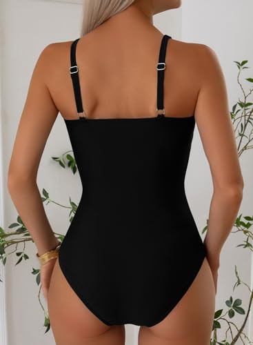 Aleumdr Tummy Control One Piece Bathing Suit for Women V Neck Tie Front Cutout Swimsuit High Cut Slimming Swimwear