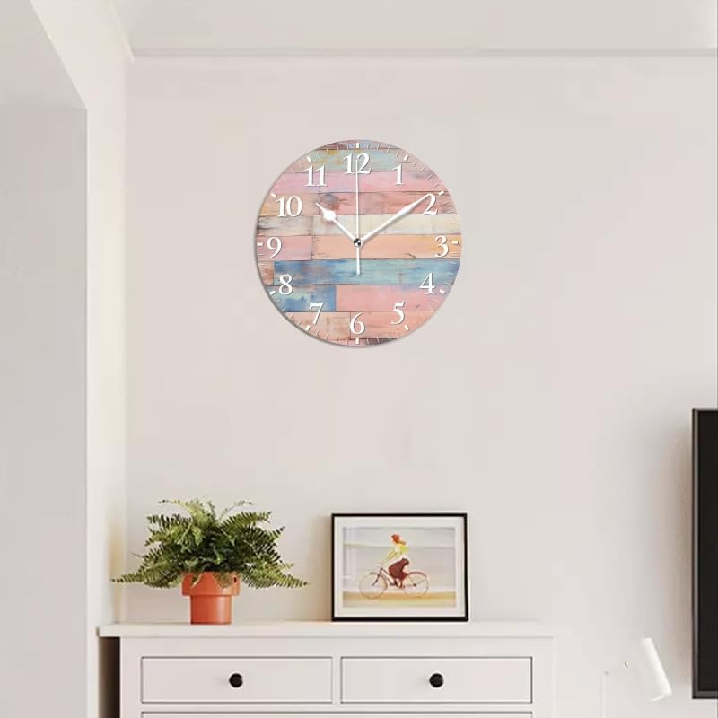 Plank Wall Clock Non-Ticking Silent Clocks Battery Operated Analog Decor Clock for Home-Colorful Pastel Pink Wooden Wall(14inch)