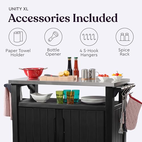 Keter Unity XL Portable Outdoor Table with Stainless Steel Top for Kitchen Prep and Outdoor Storage Cabinet for Grilling A...