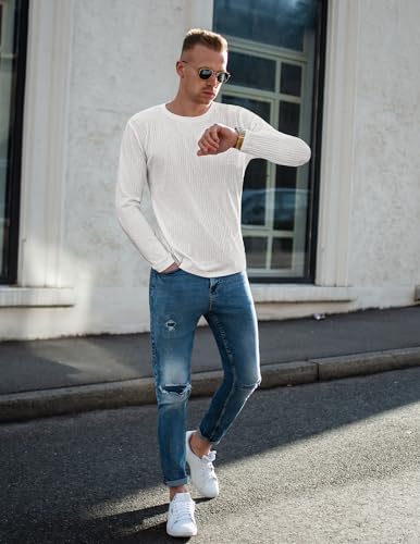 Ekouaer Men's Long Sleeve Shirts Ribbed Pullover Tees Sim Fit Thermal Tops Crew Neck Stretchy Undershirts S-3XL