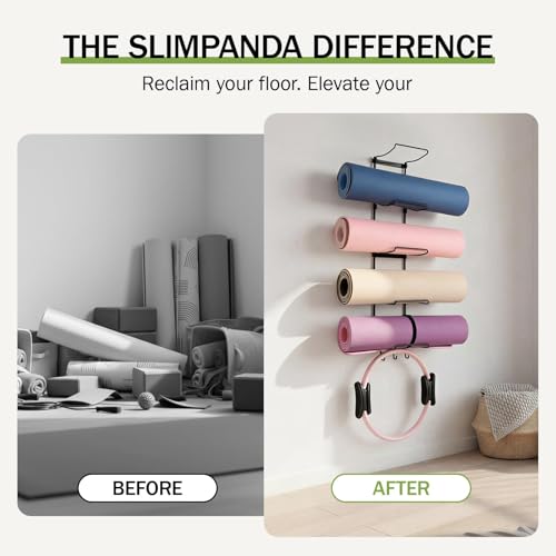Slim Panda Yoga Mat Holder Wall Mount With Mesh Bag,Yoga Accessories Storage Rack,Home Gym Organizer with 5-Tier & 3 Hooks...